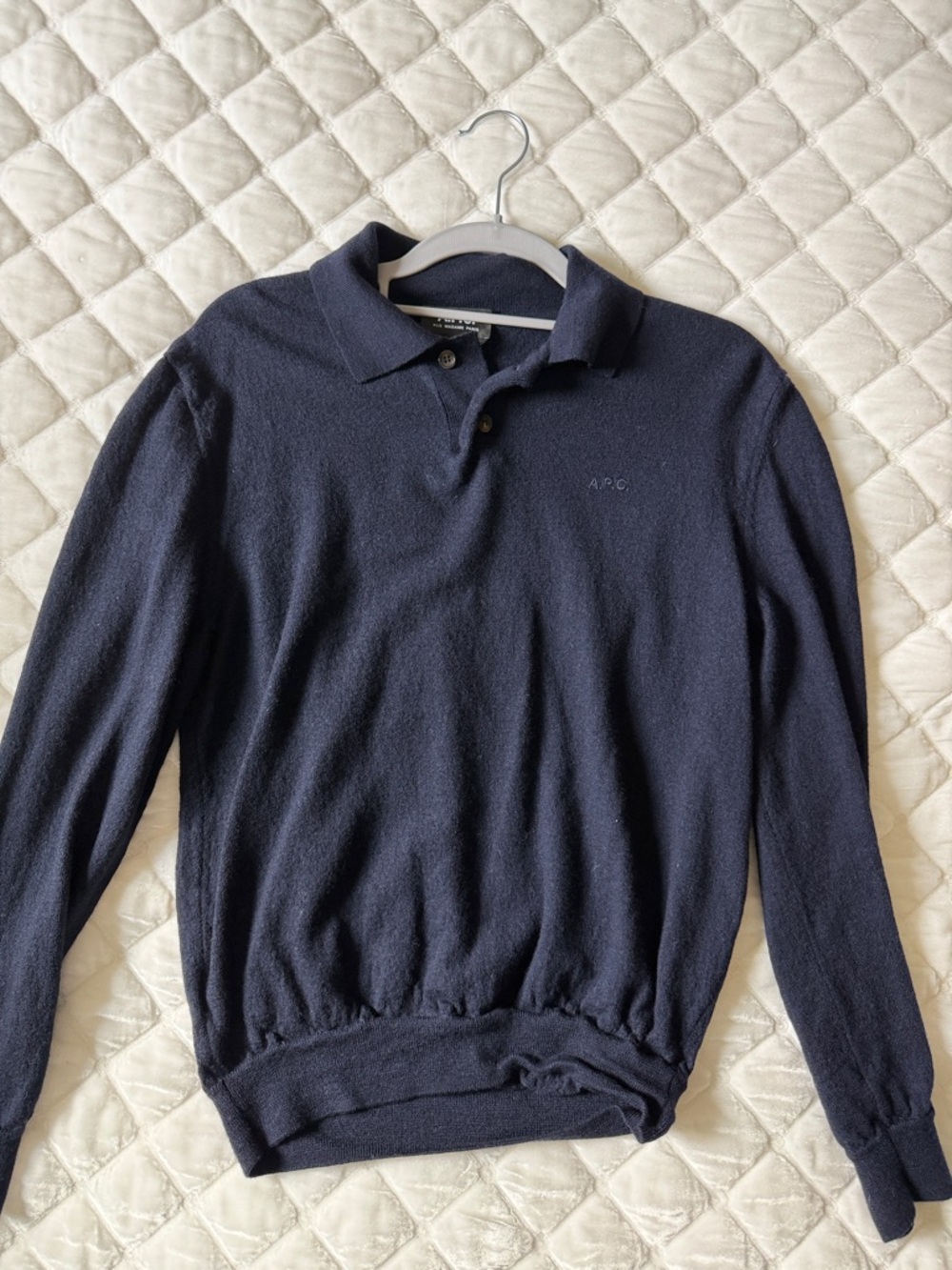 A.P.C. Navy Collared V-Neck Long Sleeve Sweater